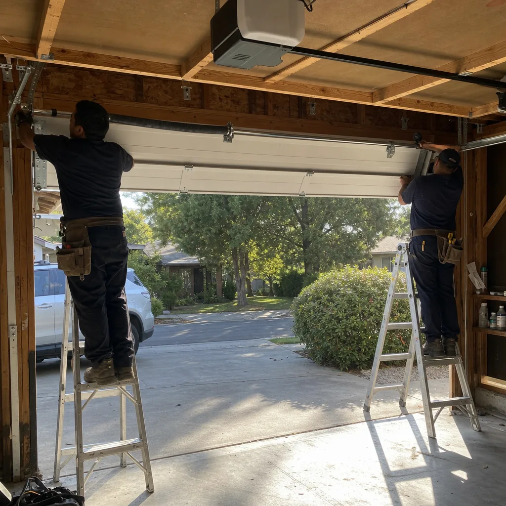 Two professional technicians performing a garage door installation on ladders.