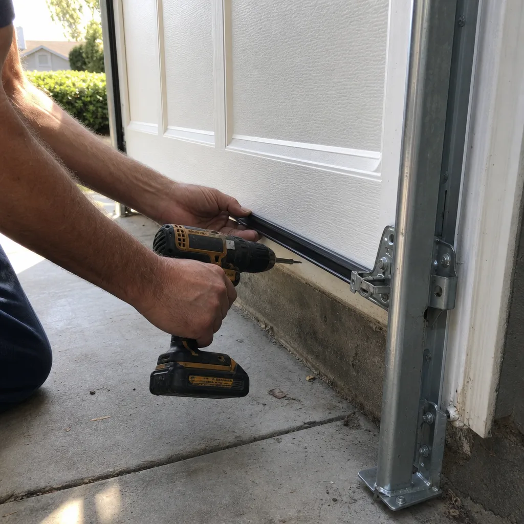Technician installing garage door weather stripping with a power drill.