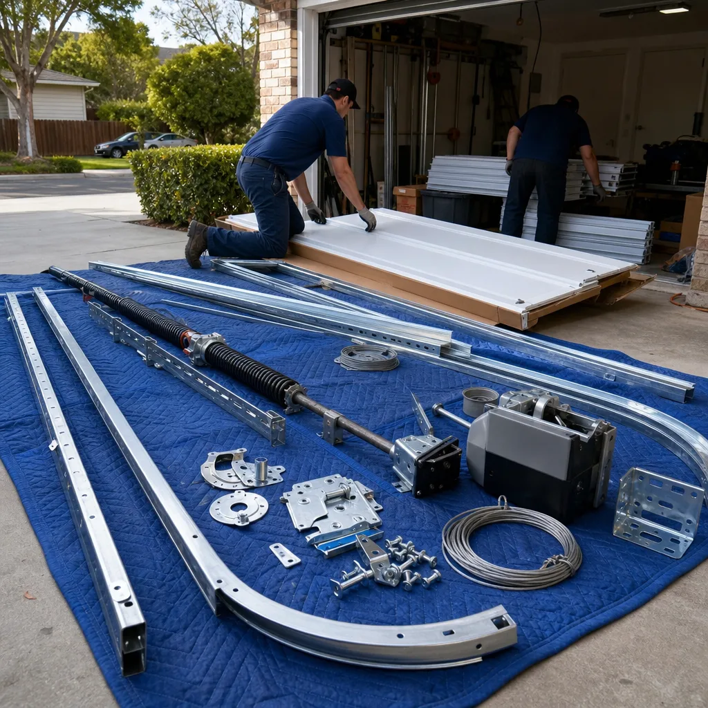 Professional technician performing residential garage door installation and assembly
