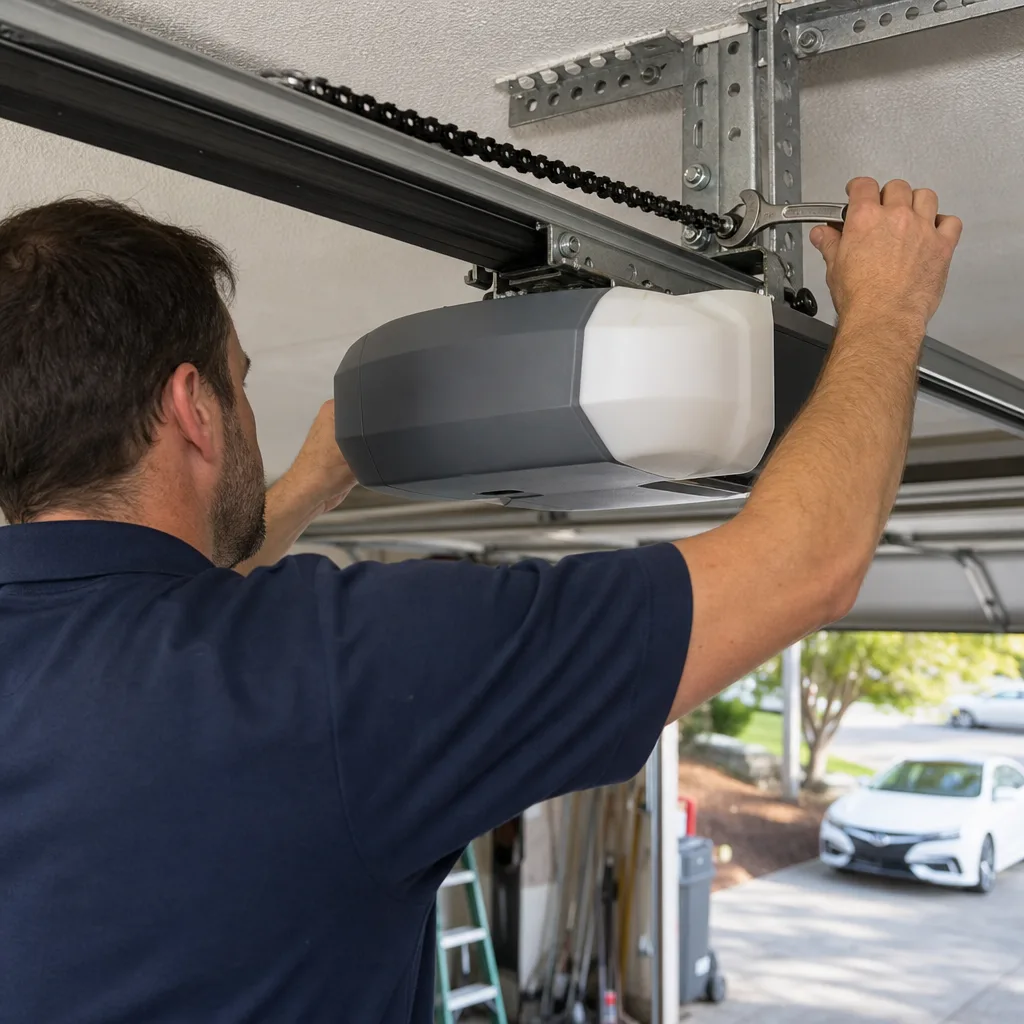 Technician performing garage door opener repair and maintenance
