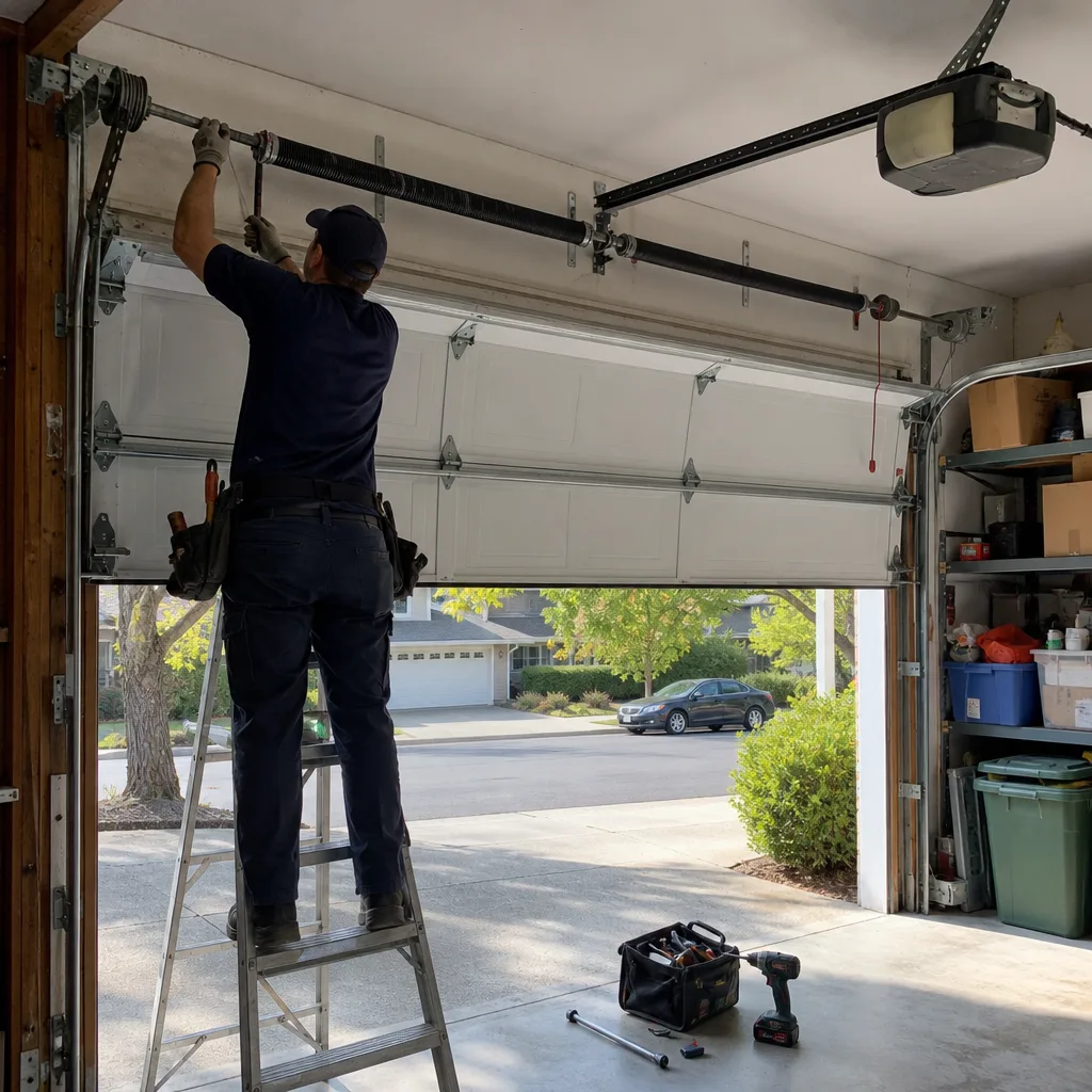Technician performing professional garage door spring repair and maintenance