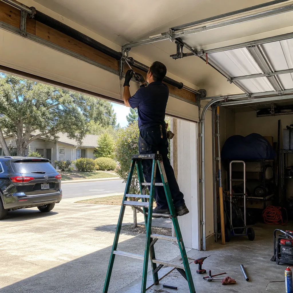 Technician performing professional garage door spring repair and maintenance